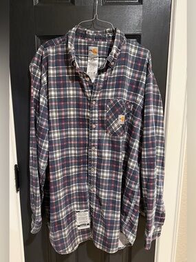 Carhartt Men's FR Navy, White & Red Plaid Button-Down Shirt